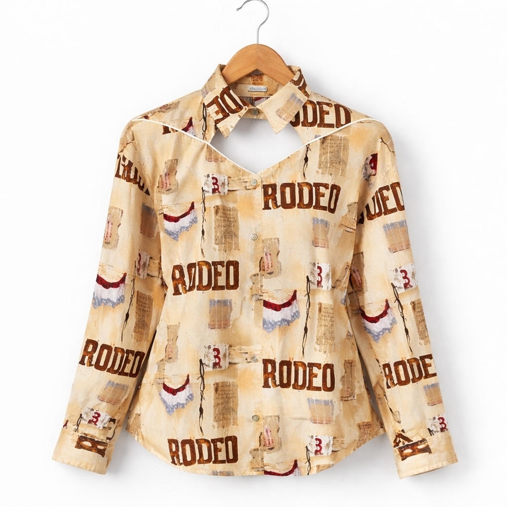 Vintage 90's Western Rodeo Tan Brown Snap Front Long Sleeve Retro Cowgirl Blouse